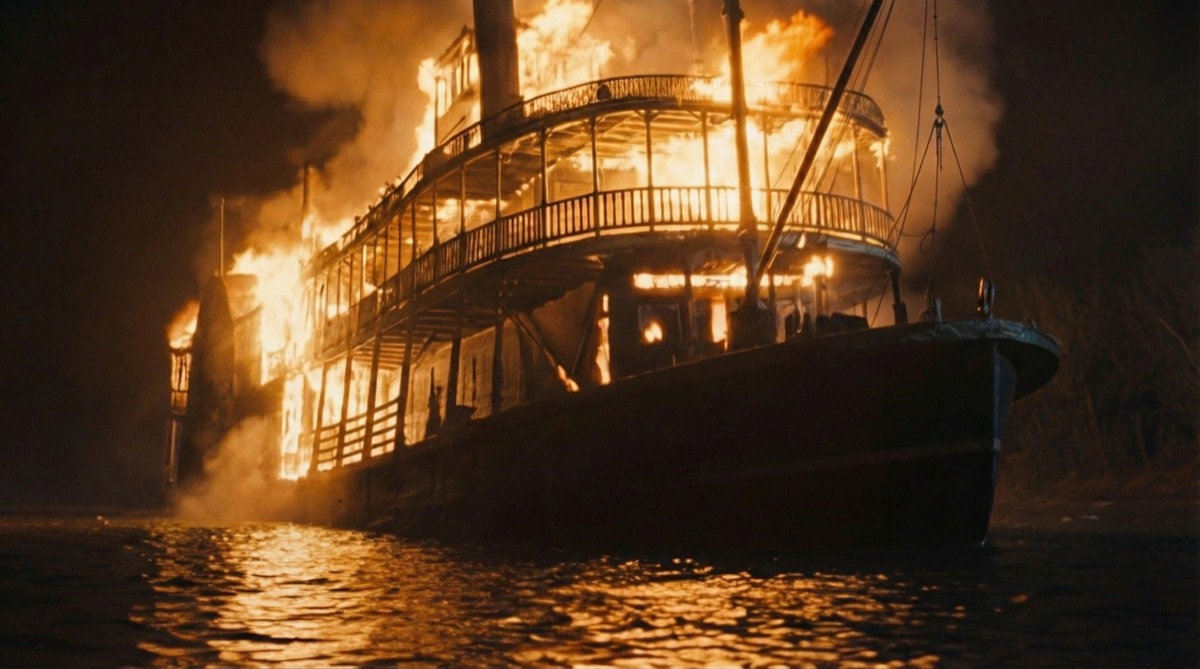 The steamboat Sultana ablaze on the Mississippi